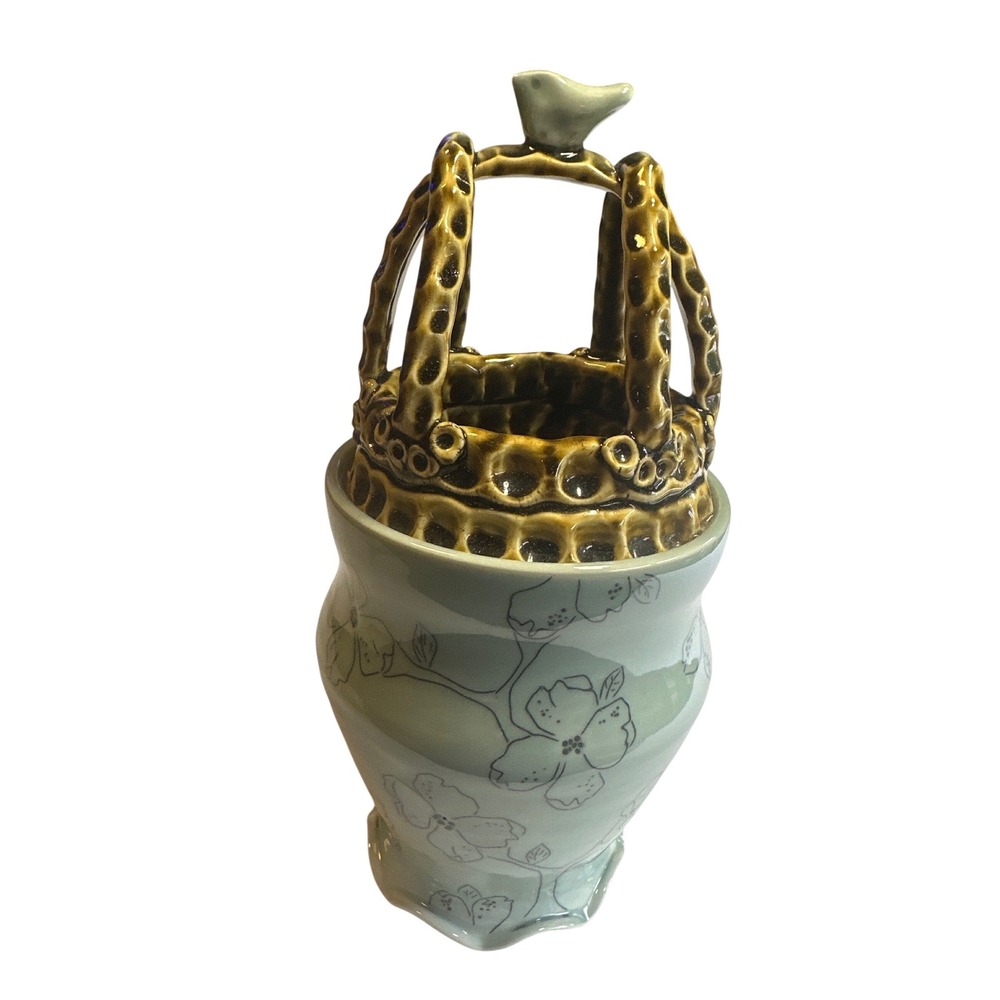 Julie Wiggins Studio Pottery Floral Vase with Bird Basket Lid Celadon Green